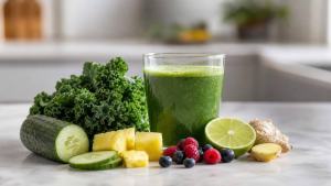 Ilustração de Copo de suco verde natural com frutas e verduras frescas sobre bancada clara