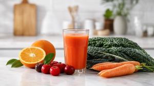 Ilustração de Copo de suco natural alaranjado com acerola, laranja, cenoura e couve sobre bancada clara