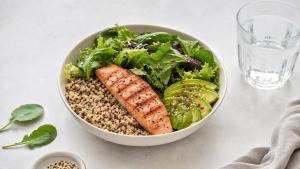Ilustração de Prato equilibrado com quinoa, salmão, folhas verdes, abacate e sementes em uma mesa clara