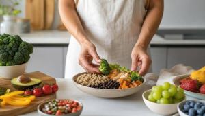 Ilustração de Pessoa montando um prato equilibrado com legumes, grãos, proteína e frutas em cozinha clara e organizada