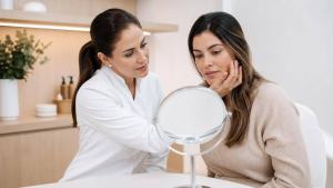 Ilustração de Pessoa em consulta de estética facial com profissional em ambiente clínico limpo e moderno