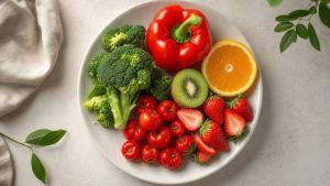 Frutas e vegetais ricos em vitamina C organizados sobre uma mesa clara, com laranja, kiwi, morango, acerola e brócolis.