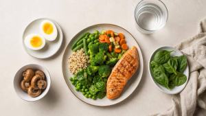 Peixes, ovos e cogumelos organizados em uma mesa clara ao lado de um prato equilibrado, representando vitamina D e alimentação saudável