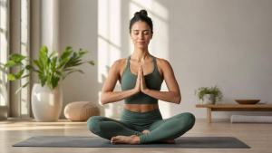 Pessoa praticando yoga em ambiente claro e tranquilo, com tapete e postura simples